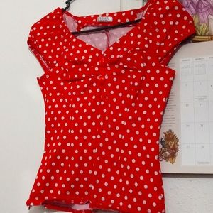 Red with white polka dots top